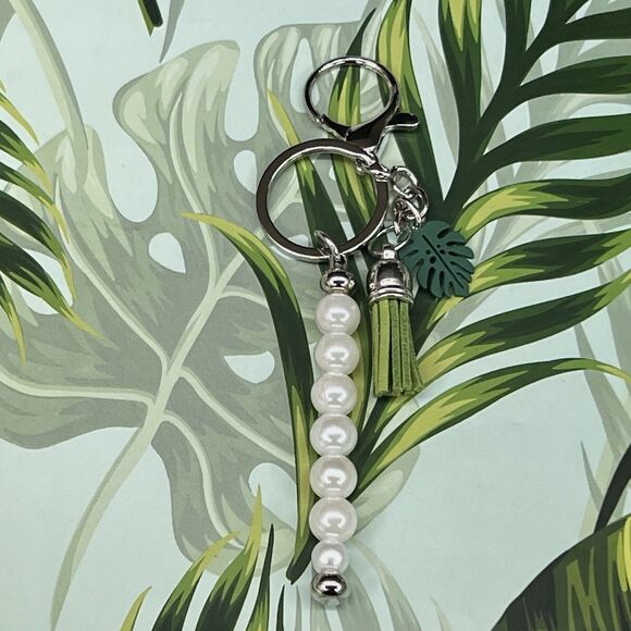 PLANT LADY Bag Charm Keychain Multi MONSTERA Pendant Suede Tassel Faux Pearls - Picture 14 of 17